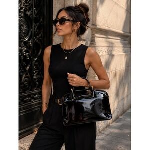 Vintage Lewis Black Patent Leather Top Handle Bag Kiss Lock Gold Hardware